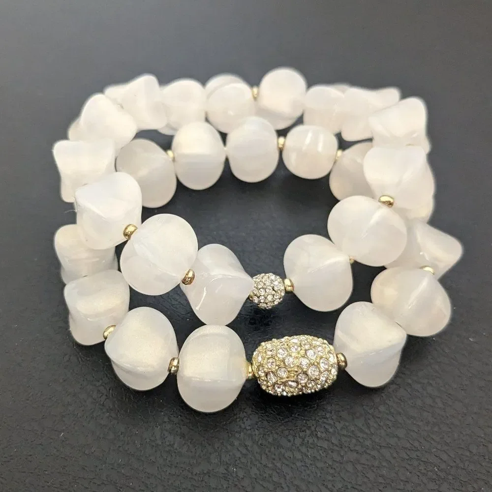 Set of 2 White Opalescent & Crystal Ball & Oval Bracelets - Elastic -